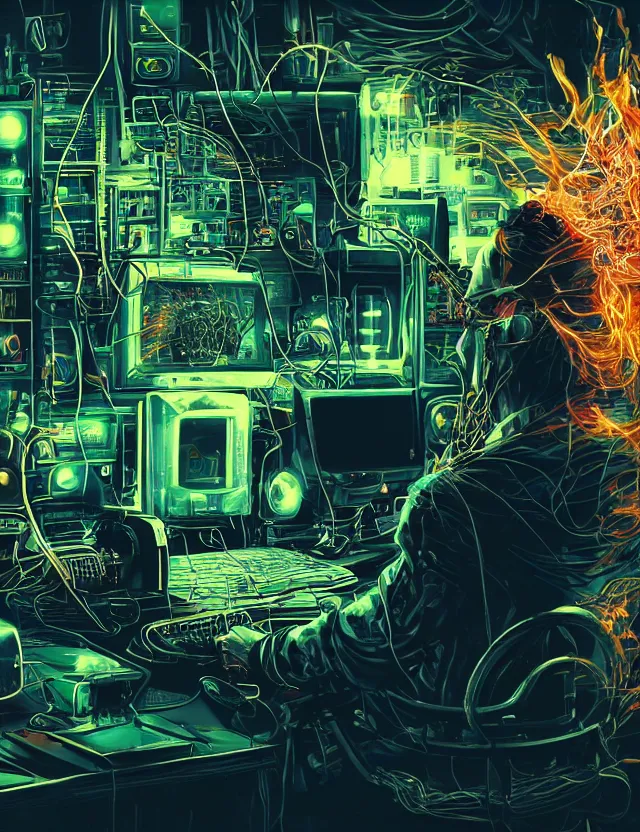 Prompt: Artstation. A room full of electronic steampunk equipment with lots of electric wires and large tv screens and big voltage meters. A colorful bright burst of fire and smoke is coming out of the computer screen. Close-up of a man sitting at the keyboard and watching it in awe. Dark, intricate, highly detailed, smooth, in style of Mike Savad