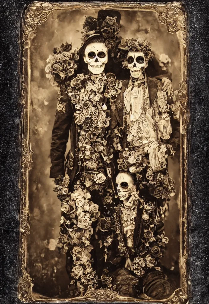 Image similar to tintype full body view, man in dia de muertos suit and make up, horrific beautiful vibe, evocative, atmospheric lighting, painted, intricate, highly detailed,