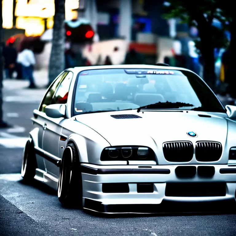 Image similar to close-up-photo BMW E36 turbo illegal meet, work-wheels, Shibuya shibuya shibuya, roadside, cinematic color, photorealistic, high detailed deep dish wheels, highly detailed, custom headlights, neon underlighting