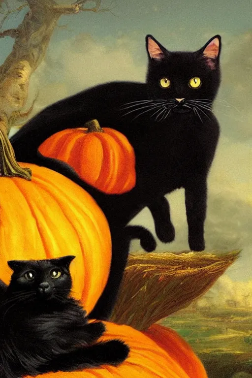 Image similar to dark fantasy painting of giant black cat sitting on a pumpkin, by bekinski, by thomas cole