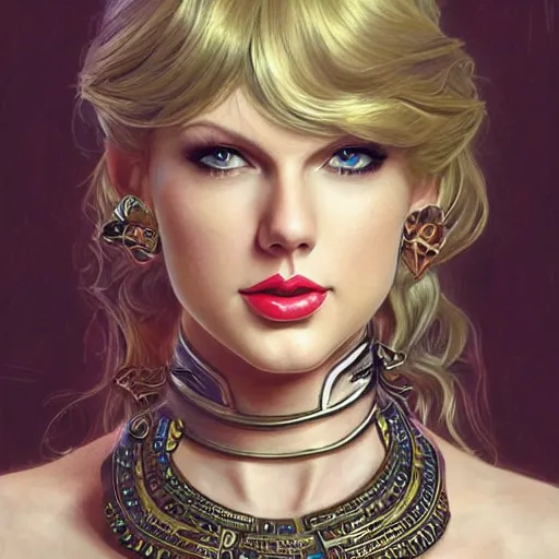 Prompt: portrait of taylor swift as a warrior woman, looking at camera, d & d, choker on neck, stylish armor, intricate, elegant, stylish, fierce look, fantasy, extremely detailed, digital painting, artstation, concept art, smooth, sharp focus, illustration, stunning lighting, art by artgerm and greg rutkowski and alphonse mucha and simon stalenhag.