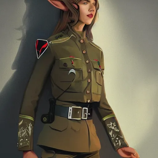 Image similar to full body portrait of an female elf wearing nazi uniform, an ultrafine hyperdetailed illustration by tooth wu and wlop and beeple and greg rutkowski, trending on artstation, highly detailed, 4 k, 8 k