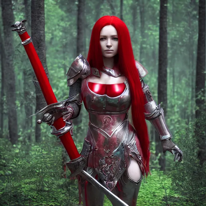 Image similar to a girl with long red hair wearing a red plate armor and holding a big red sword in a forest, 3d render, octane render, unreal engine 5, 8k hdr, hyperrealistic, highly detailed, high quality, concept art, trending on Artstation, full-body armor