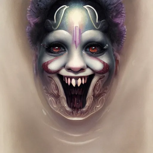 Image similar to By Tom Bagshaw, ultra realist soft painting of a curiosities carnival by night, Female steampunk Clown smiling long tongue dirty teeth and dressed, horror, omnious sky, symmetry accurate features, very intricate details, black and white, volumetric light clouds