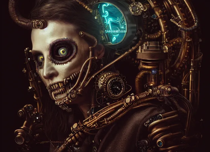 Prompt: an intricately detailed ultra - realistic unreal engine 5 rendering of a portrait of steampunk cyberpunk neon - bordered cyborg zombie phantom of the opera, concept art, intricate details, eerie, highly detailed, photorealistic, octane render, 8 k uhd art by kilian eng