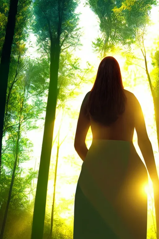 Prompt: hyperrealistic mithra as a woman standing in a forest sun behind him concept art eric zener elson peter cinematic side soft yellow light low angle hd 8k sharp shallow depth of field