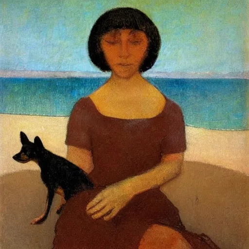 Image similar to a woman and her black and brown chihuahua by the sea by odilon redon