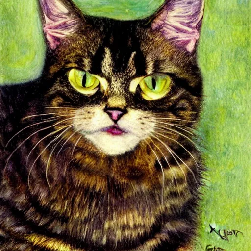 Image similar to portrait of a very fluffy dark tabby cat with green eyes, starlight, full body, smiling cat, golden colors, jewelry, intricate, elegant, highly detailed, smooth, sharp focus, illustration, art by gustav klimt