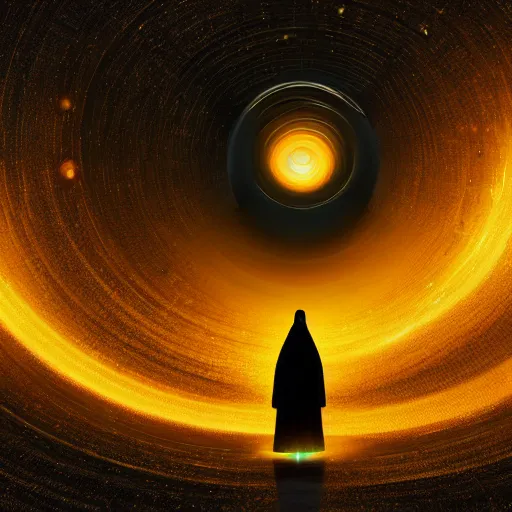 Image similar to award - winning. trending on artstation. 4 k. eerie tone. a figure wearing a layered yellow coat standing in front of a fractal representation of a glowing black hole in space. dark background. full - body. medieval. 4 k.