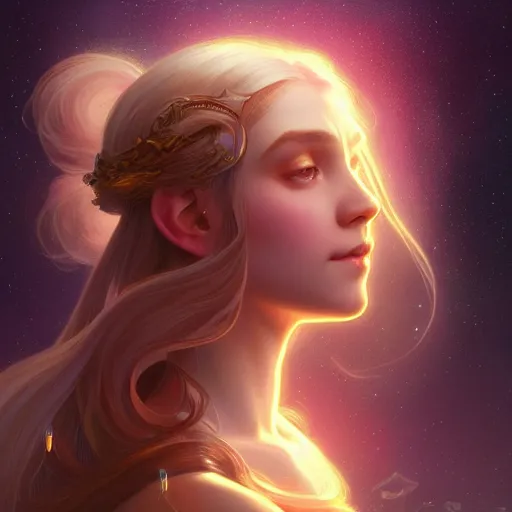 Image similar to aurora, girl with super long hair, hair becoming bright stars, intricate, highly detailed, digital painting, artstation, concept art, smooth, sharp focus, illustration, unreal engine 5, 8 k, art by artgerm and greg rutkowski and alphonse mucha