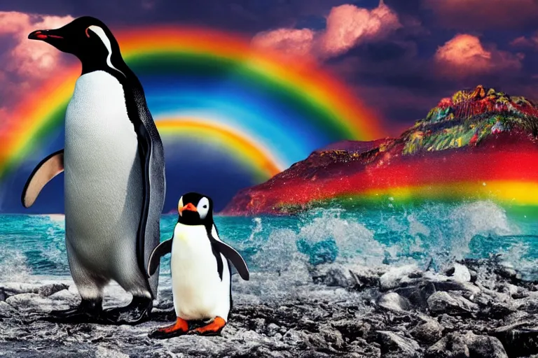 Image similar to a cinematic photo of a penguin, rainbow, lemonade, masterpiece