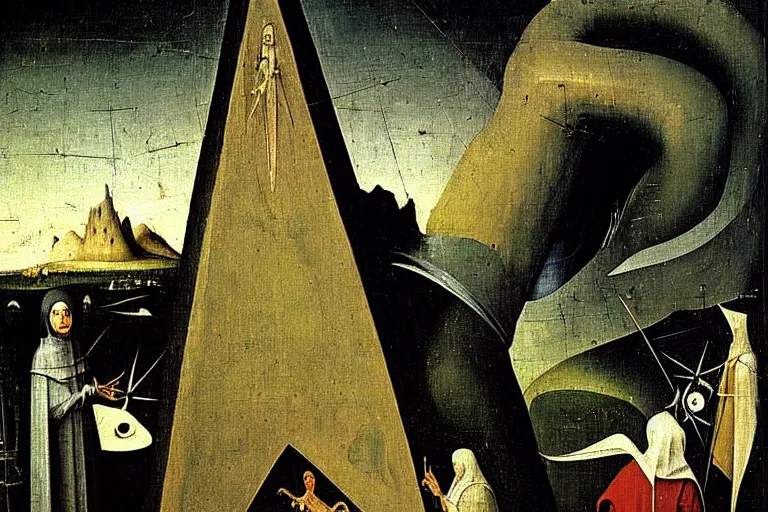 Image similar to the white obelisk the serpent and the black obelisk, oil on canvas, high detail, by hieronymus bosch