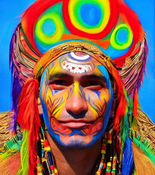 Image similar to Portrait of a shaman dressed in a colorful traditional clothes. His face is painted. Painting in the style of alex grey