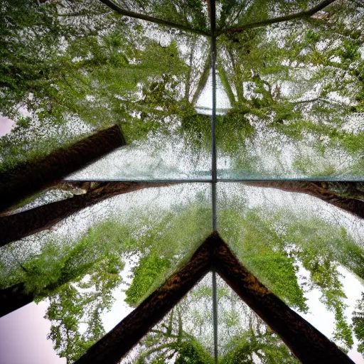 Image similar to Photo of trees standing under a transparent roof, hyper realistic, cinematic, 8k, hyper detailed.