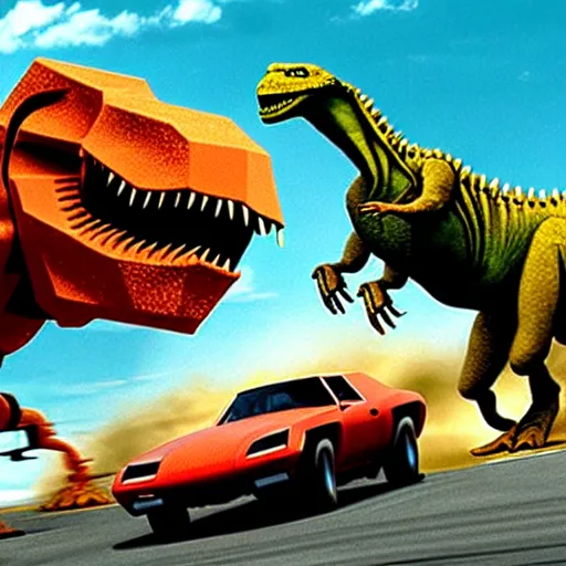Prompt: the fast and the furious with robot dinosaurs