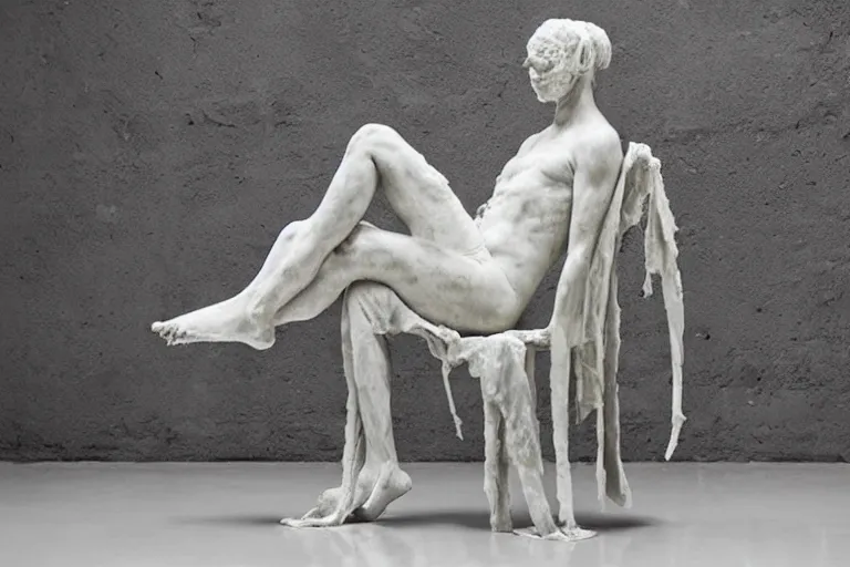 Image similar to a sculpture of a person sitting on a chair, a white marble sculpture covered with floating wax by nicola samori, behance, neo - expressionism, marble sculpture, apocalypse art, made of mist