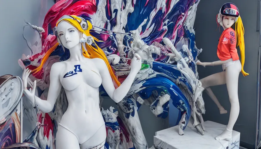 Prompt: extremely beautiful photo of a white marble statue of an anime girl with colorful motocross logos and motorcycle helmet with closed visor, standing in an airy light fashion boutique, large space, colorful smoke in the background, carved marble statue, fine art, neon genesis evangelion, virgil abloh, offwhite, denoise, highly detailed, 8 k, hyperreal