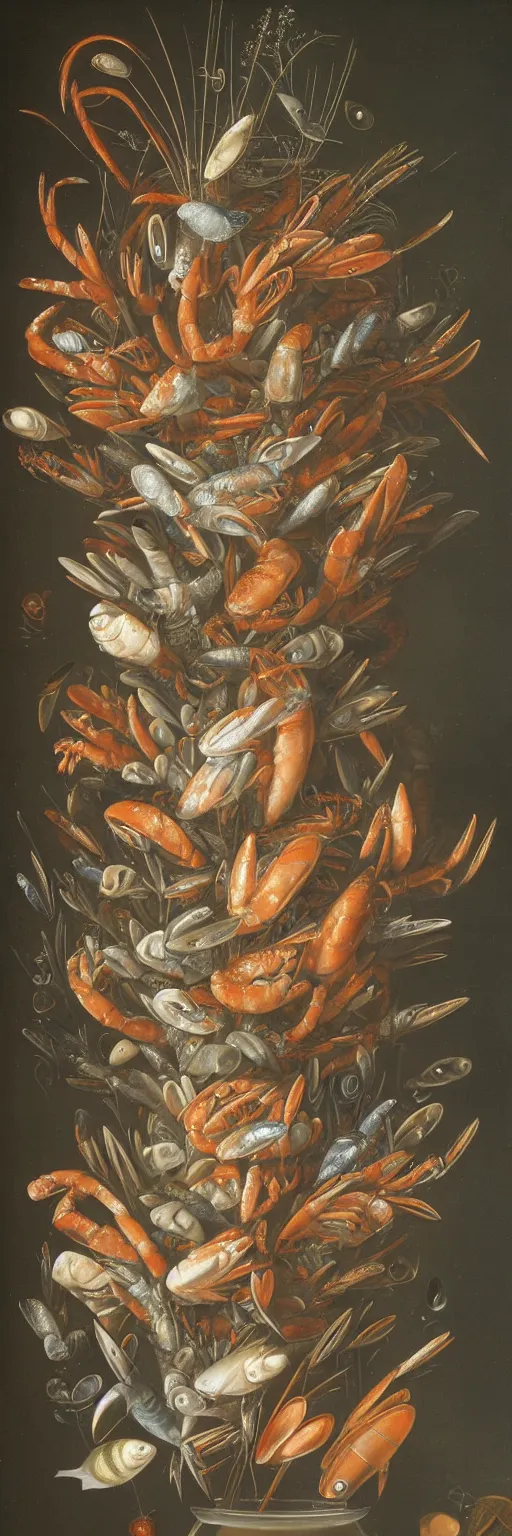 Image similar to A vase of seafood under the sea by Balthasar van der Ast, hyper detailed oil painting