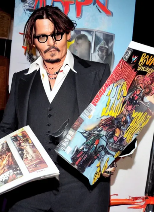 Image similar to johnny depp reading a comic book about a robot from