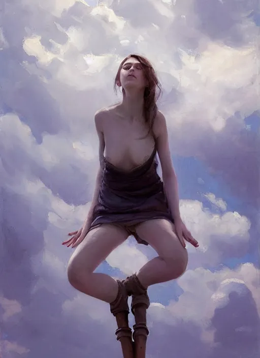 Image similar to portrait of girl dressed in white clothes , fantasy character portrait, decollete, lying dynamic pose, above view, sunny day, thunder clouds in the sky, artwork by Jeremy Lipkin and Giuseppe Dangelico Pino and Michael Garmash and rob rey, levitation, industrial rusty pipes, very coherent symmetrical artwork, perfect face, simple form, brutal shapes