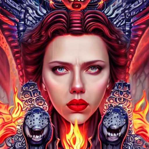 Image similar to queen of hell portrait of scarlett johansson, fire and flame, big long hell serpent octopus, Pixar style, by Tristan Eaton Stanley Artgerm and Tom Bagshaw.