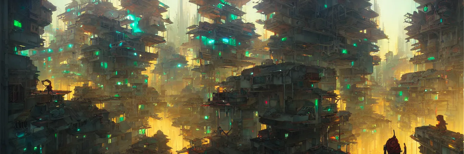 Image similar to cyberpunk favelas, by peter mohrbacher