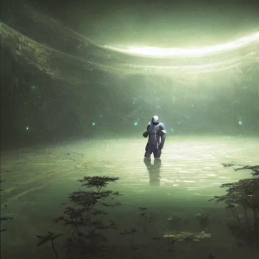 Prompt: Mattepainting of a futuristic astronaut in an empty dark flooded ballroom overgrown with aquatic plants, by Noah Bradley and Andreas Rocha and Brian Sum and Makoto Shinkai. Dark and foreboding.