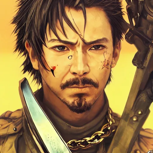 Prompt: portrait of a hero holding his sword in front of his face by yoji shinkawa, high quality, extra details, realism, ornate, colored, golden chain, blood, white skin, short hair, brown eyes, vivid, sunlight, dynamic, american man, freedom, spray paint