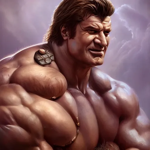 Prompt: portrait of a barbarian Nathan Fillion, muscular, wild, upper body, D&D, fantasy, intricate, cinematic lighting, highly detailed, digital painting, artstation, concept art, smooth, sharp focus, illustration, art by Hajime Sorayama