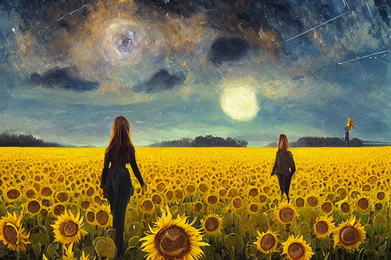 Image similar to giant sunflower as a head, girl walking in wheat field, hills, surreal photography, dark night, star trails, dramatic light, impressionist painting, clouds, digital painting, artstation, simon stalenhag