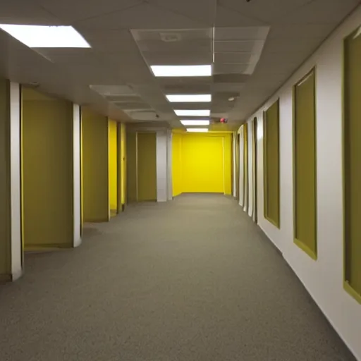 Image similar to Backrooms, where it's nothing but the stink of old moist carpet, the madness of mono-yellow, the endless background noise of fluorescent lights at maximum hum-buzz, and approximately six hundred million square miles of randomly segmented empty rooms to be trapped in