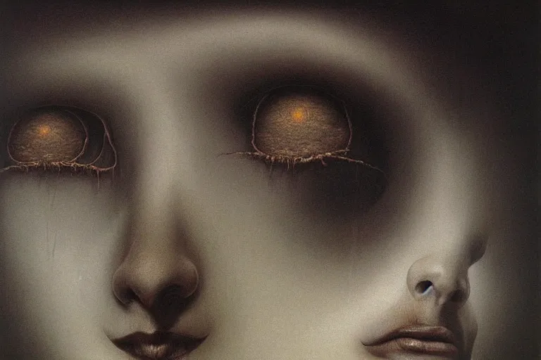 Image similar to Her eyes wide by Zdzislaw Beksinski, oil on canvas