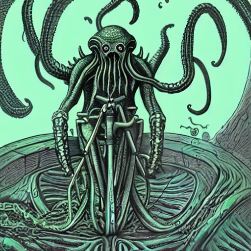 Image similar to cthulhu rides his single speed bicycle to work in a detailed hellscape, hr giger illustration