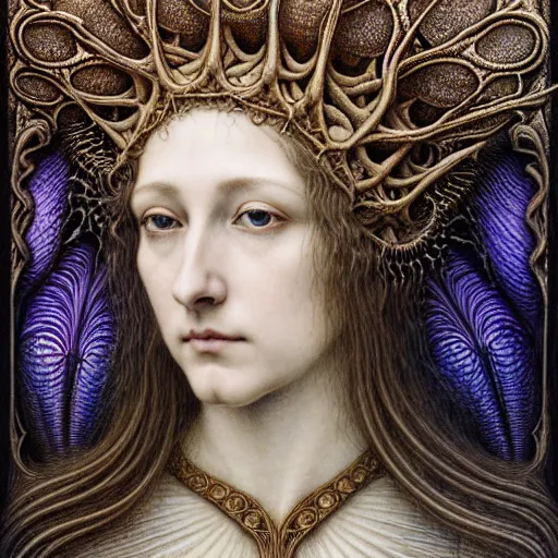 Prompt: detailed realistic beautiful young medieval queen face portrait by jean delville, gustave dore, iris van herpen and marco mazzoni, art forms of nature by ernst haeckel, art nouveau, symbolist, visionary, gothic, neo - gothic, pre - raphaelite, fractal lace, intricate alien botanicals, ai biodiversity, intricate hyper detailed ultra sharp octane render