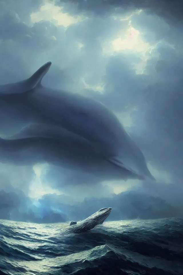 Prompt: a concept scene illustration, depicting a blue whale in the water under the azure ocean, the blue whale crystal texture, dreamy atmosphere ， super wide angle ， matte painting ， rtx on ， by ivan aivazovsky ， trending on cgsociety and artstation ， hyper - realism