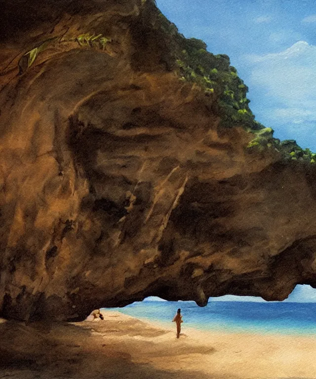 Image similar to photorealistic painting of turtle bay beach jamaica, sharp cliffs, island with cave, dark, atmospheric, brooding, smooth, finely detailed, cinematic, epic, in the style of clyde caldwell