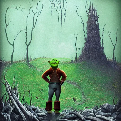 Image similar to shrek next to an oak tree aflame, still, fog in background, dantes inferno, evil album cover