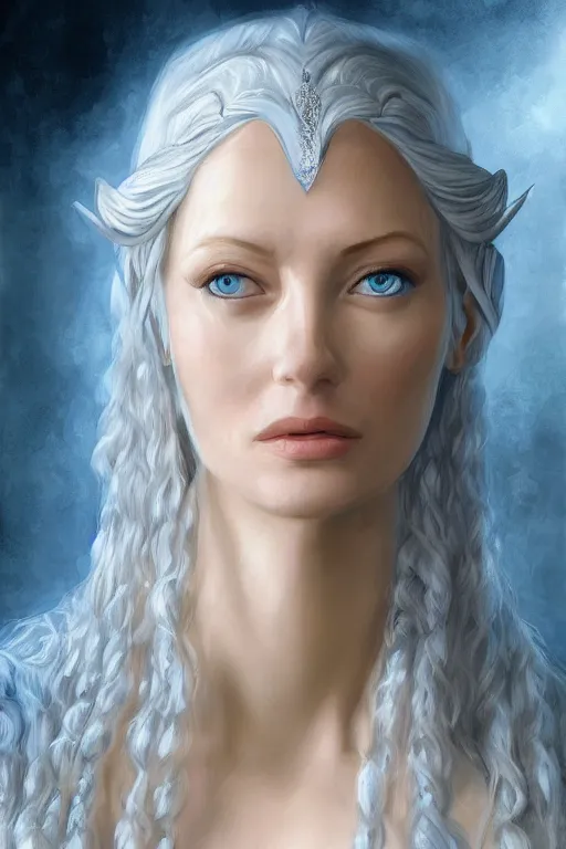 Image similar to portrait, headshot, digital painting, of elven queen Galadriel, beautiful, tall, white dress, fair curly hair, blue eyes, realistic, hyperdetailed, chiaroscuro, concept art, art by allan Ramsay