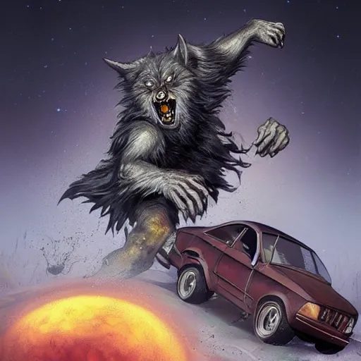 Image similar to werewolf driving a car, crashing it, artstation, Michael Whelan, digital art, felix Kelly, 8k photography