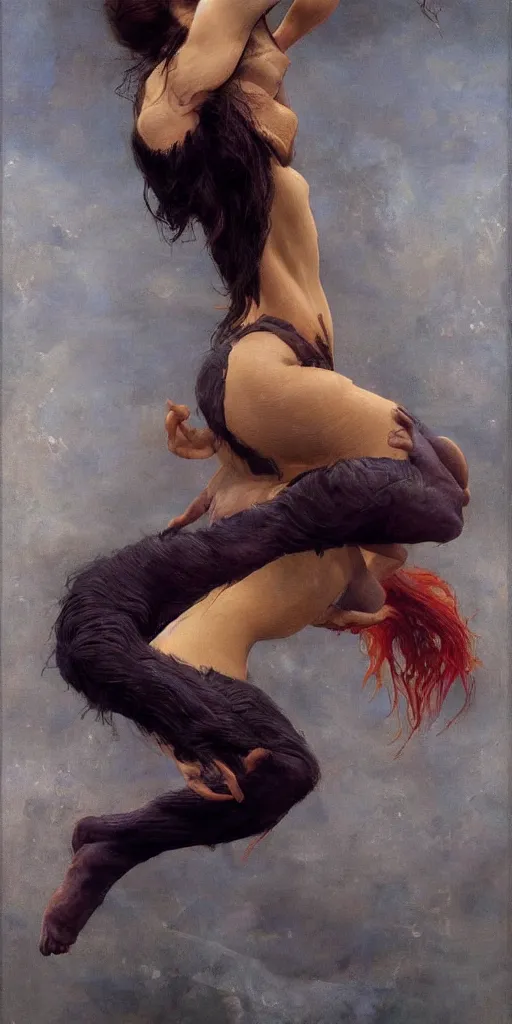 Prompt: epic masterpiece full body portrait half fox half woman, crying, acrobatic pose, beautiful face and flawless skin, by Edgar Maxence and Ross Tran and Michael Whelan