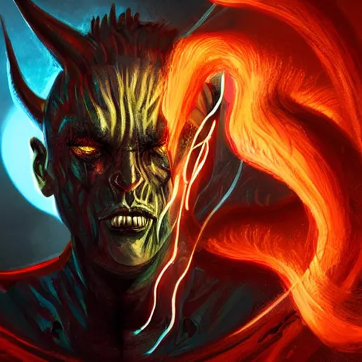 Prompt: demon, suit, fire hair, portrait, science fiction, d & d, concept art, matte, sharp focus, illustration, concept art,