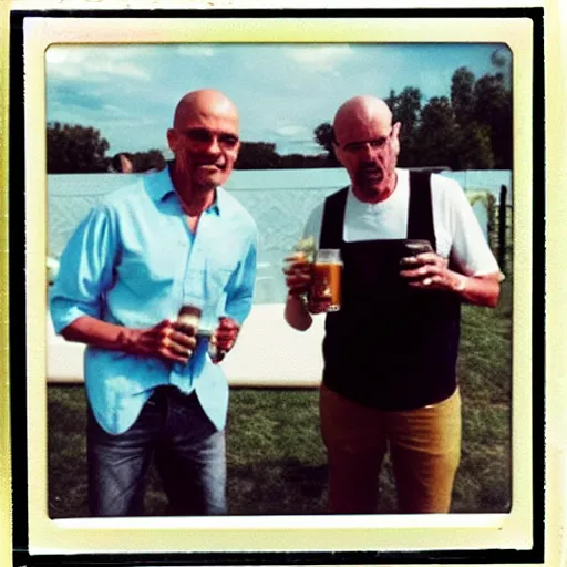 Prompt: Obama and Walter White sharing a beer at the family bbq, Polaroid image