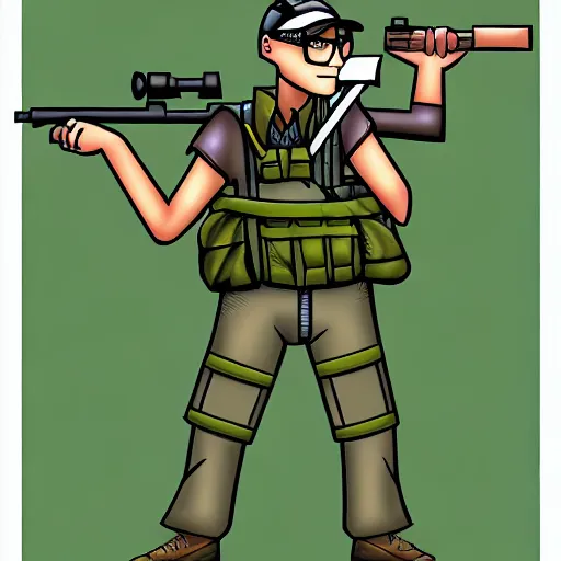 Image similar to sniper nerd dork geek, illustrated, detailed