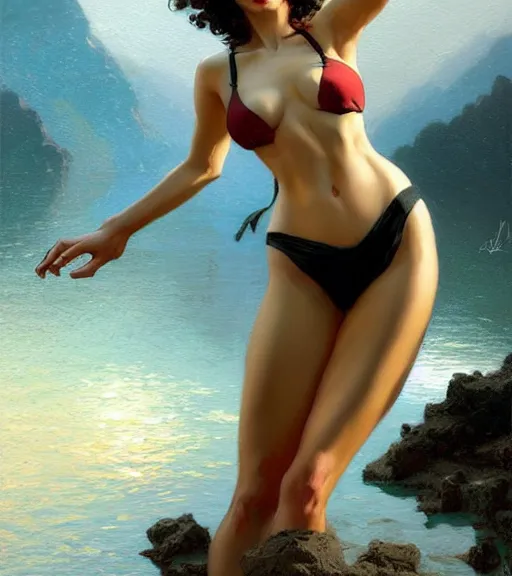 Prompt: harmony of lake, slim model, short black curly hair, round face, sexy, bikini, amazing composition & dynamic posing, by franz xavier leyendecker, wlop! muted colors, highly detailed, fantasy art by craig mullins, thomas kinkade cfg _ scale 9