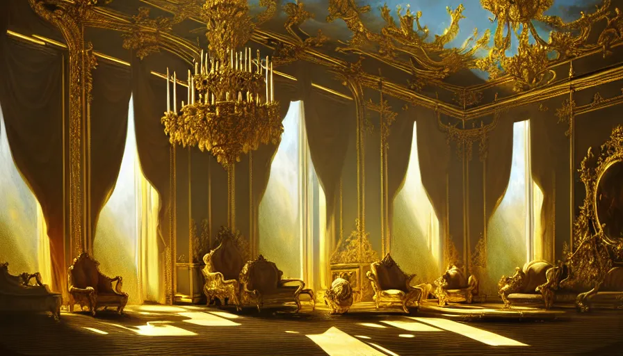 Image similar to rococo interior made from chrome, versailles, light, shadows, reflections, epic composition, intricate, elegant, volumetric lighting, digital painting, highly detailed, artstation, sharp focus, illustration, concept art, ruan jia, steve mccurry