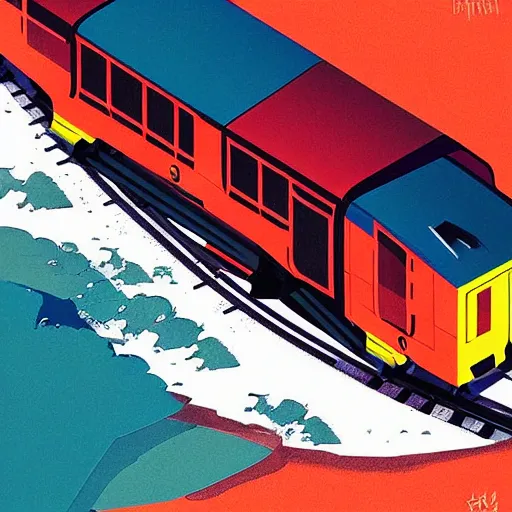 Prompt: illustration, a train in the sea, dynamic composition, detailed, matte print, dynamic perspective, colorful modern, mads berg