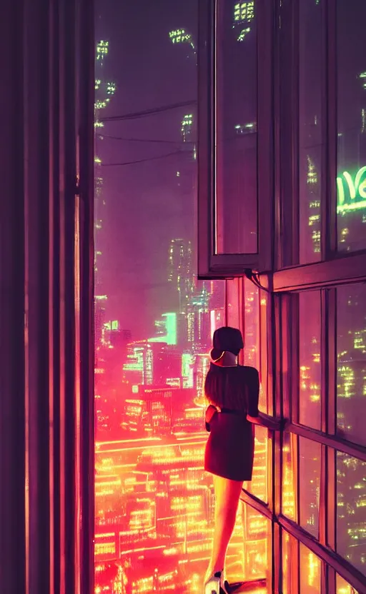 Image similar to vertical phot, girl in 7 0's retro club, editorial, fashion, neon - decorated urban on night in the city seen through the window, modern architecture design, vintage, night, blade runner, dark, clean lines, asian futuristic city at distance, big windows, octane, wide angle