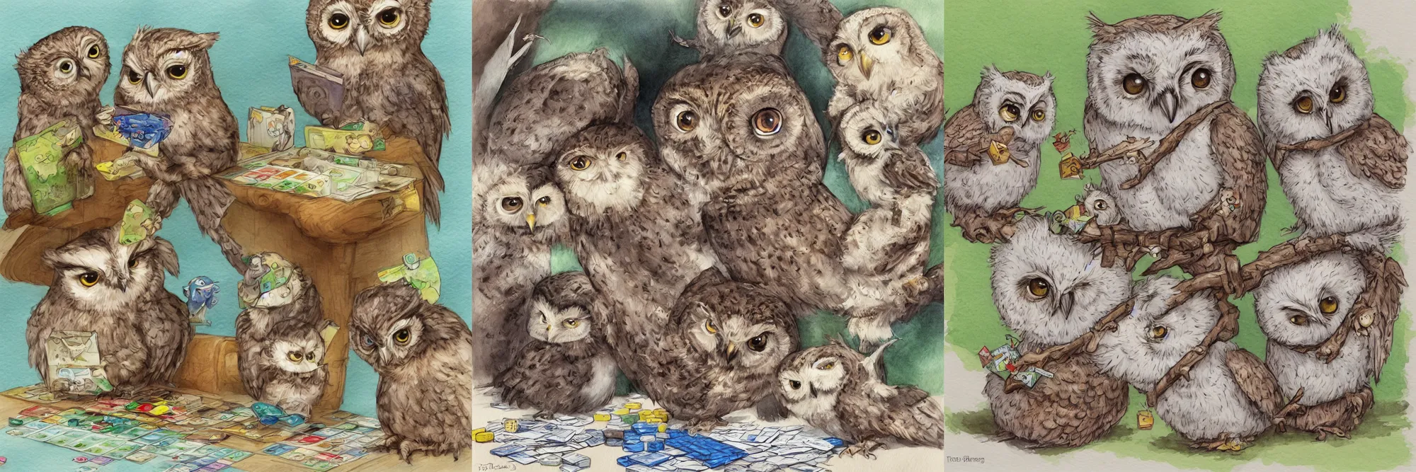 Prompt: two cute baby owls playing board games, children's book watercolor drawing, trending on artstation, highly detailed, concept art, illustration by Tony DiTerlizzi and Dorothy Brook