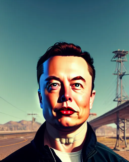 Image similar to Cyborg elon musk robotic portrait, unreal engine, in GTA V, ilya kuvshinov, rossdraws, radiant light, rhads, artstation