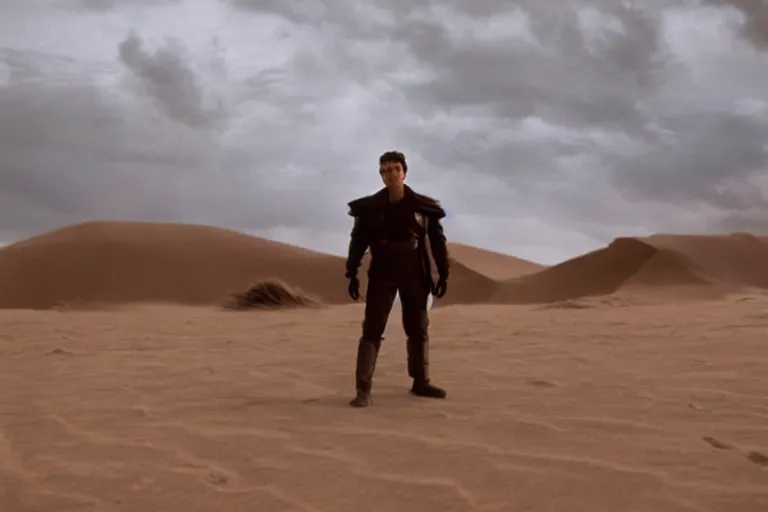 Prompt: a cinematic wide angle shot of a man in his early twenties, in the movie dune, stormy weather, dry, film still, cinematic, dramatic lighting, by zack snyder